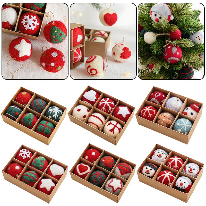 6pcs/box Wool Felt Party Hanging Balls Gifts Christmas Ornaments Home Santa Snowman Window Dsplay Ball Decorations Holiday