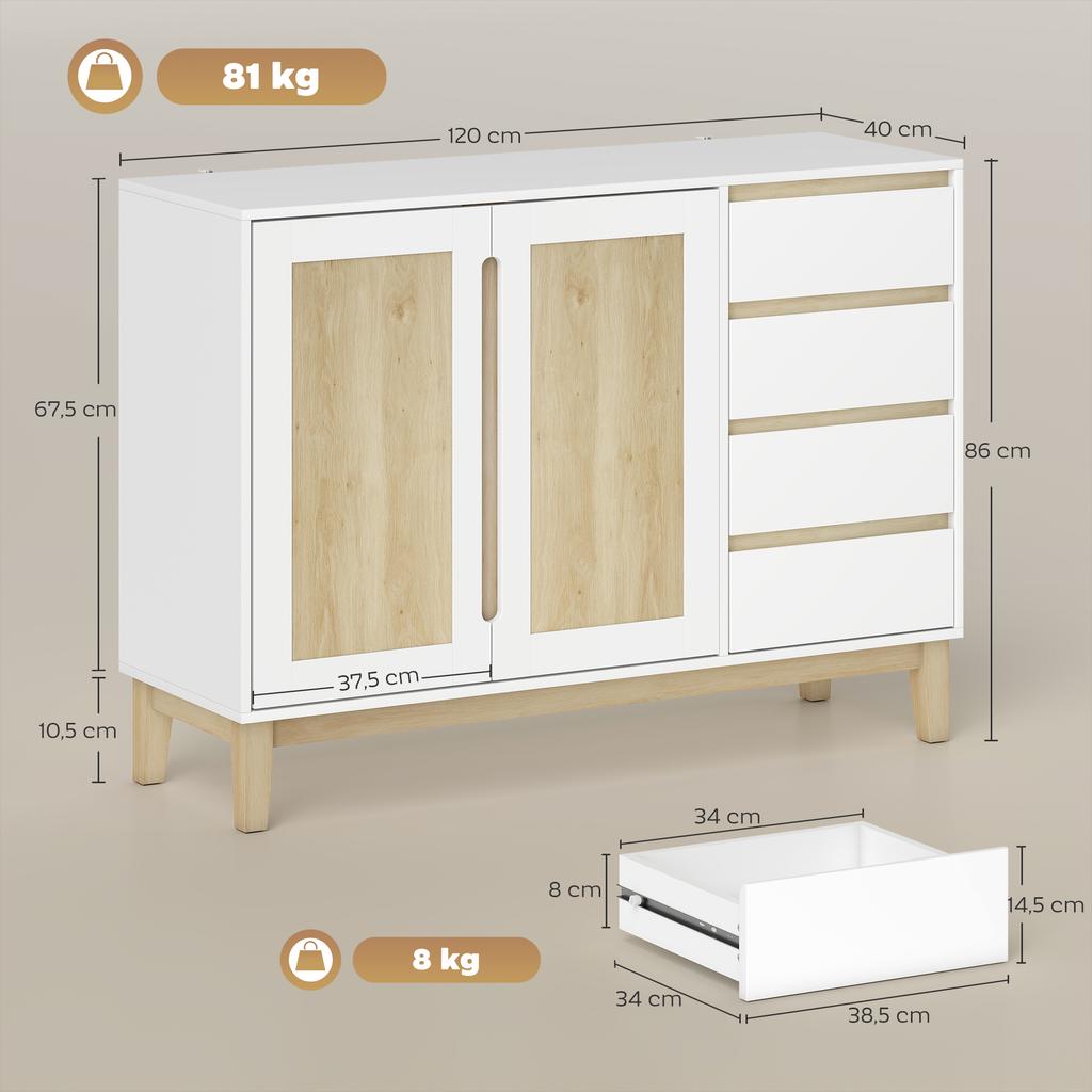 Sideboard, Storage Unit, 2 Doors, 4 Drawers, Adjustable Shelf, 120 x 40 x 86 cm, White and Oak