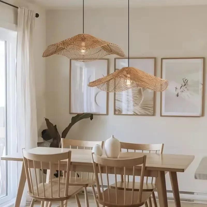 Japanese Retro Rattan Lamp Restaurant Chandelier Coffee Shop Restaurant Loft Home Decor Hanging Rattan Straw Hat Pendant Light