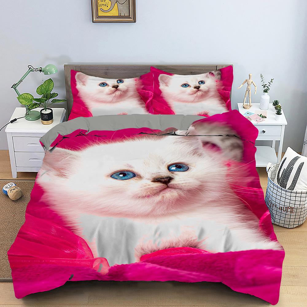 Lovely Cat Queen King Size Bedding Set Microfiber Polyester 3D Print Duvet Cover Set Girls Adults Comforter Cover Cute Animals