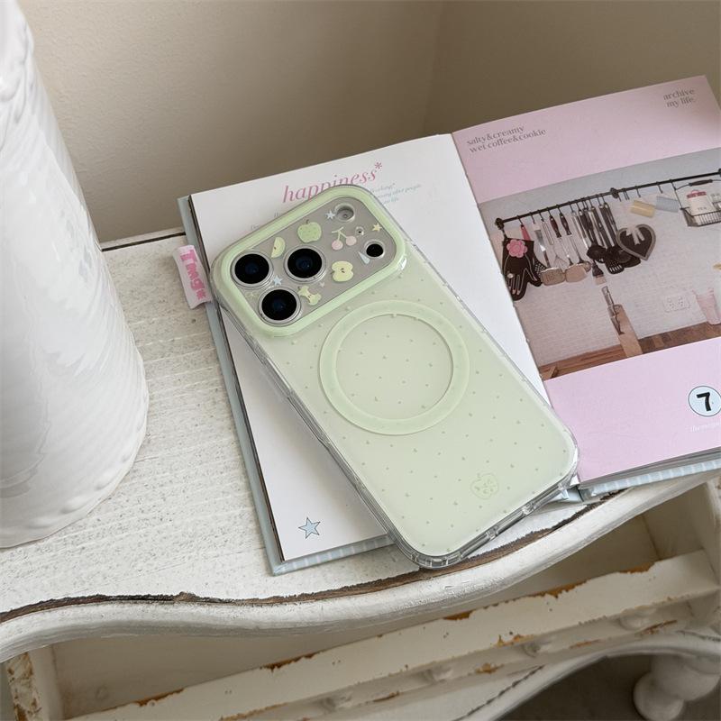 Summer Green Polka Dot Magnetic Stand & Double Layer Phone Case for iPhone 14, 15, 16, 17 Pro Max