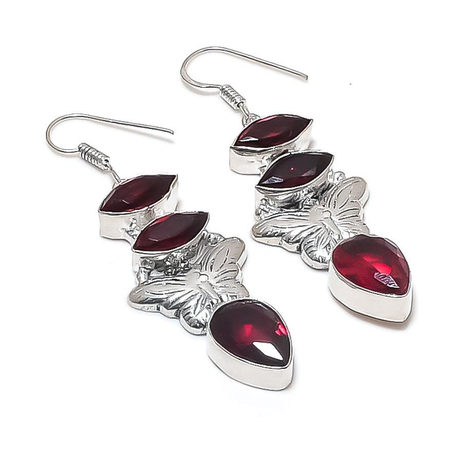 Natural Garnet Gemstone Handmade 925 Sterling Silver Earring 2.36" O6e97
