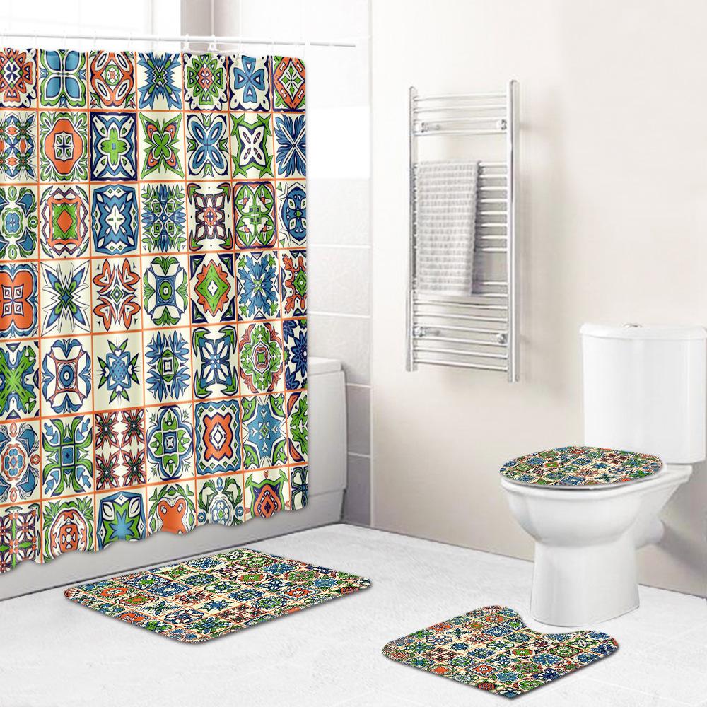 Ethnic Style Texture Printing Bathroom Non-Slip Floor Mat Shower Curtain Combination Carpet European And American Style