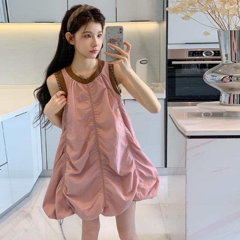 

2026 Summer Sleeveless Color Block Pleated Vest Dress for Pregnant Women M рожевий
