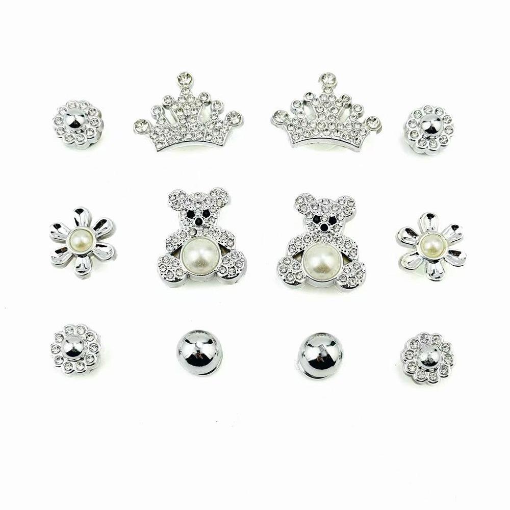 

12PCS Summer Fashion Shoe Charms Set Accessories for Clogs Shoe Buckle Silver Diamond Crown Jewel Bear DIY Shoes Decorations