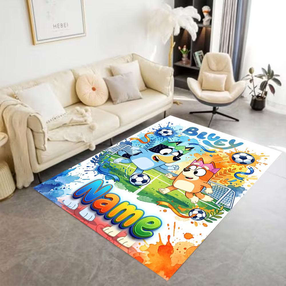 Soccer Fun Bluey Customizable Name Floor Rug Office Rug Perfect for Entryway Game Room Decorate Room Kitchen Antislip Carpet Anime Office Decor