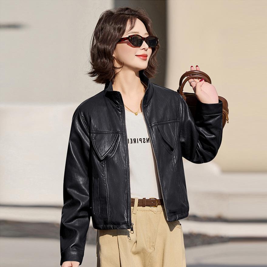 

Весенне-осенняя новая модная кожаная куртка, женская мотоциклетная одежда, популярная маленькая куртка, жакет 2XL чёрный