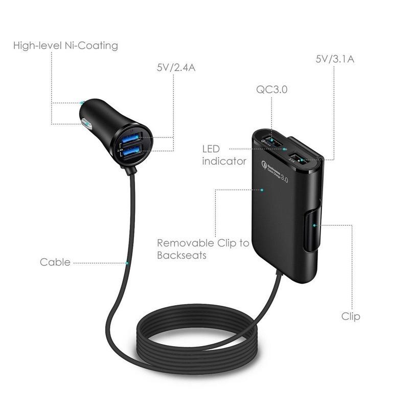 Univerzální 4 porty USB nabíječka do auta Přední sedadlo Zadní sedadlo QC3.0 Rychlé nabíjení USB adaptér pro nabíječku do auta USB Rychlá nabíječka