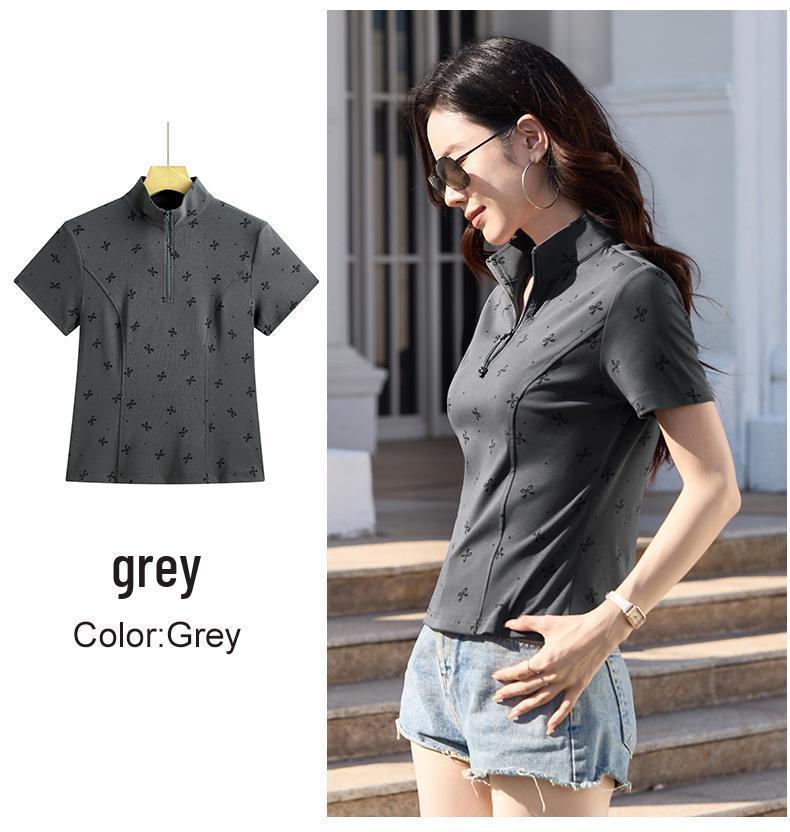 2026 Summer Women s Short Sleeve Slim Fit Stand Collar T-Shirt XL серый
