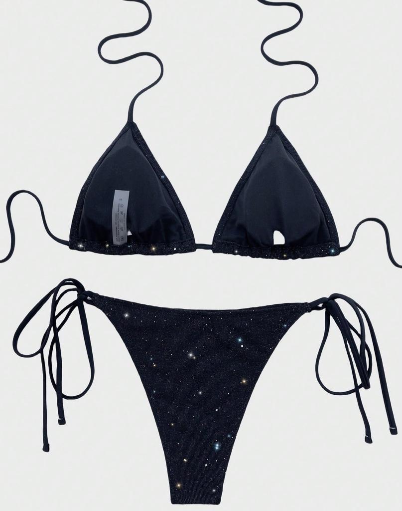 Women's Swimsuits Black Halter Neck Side Tie Split Swimsuit Bikini Set Beachwear Bathing Suits