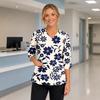Top de Uniforme Floral para Mujer con Escote en V, Bolsillos, Abertura Lateral y Mangas Tres Cuartos