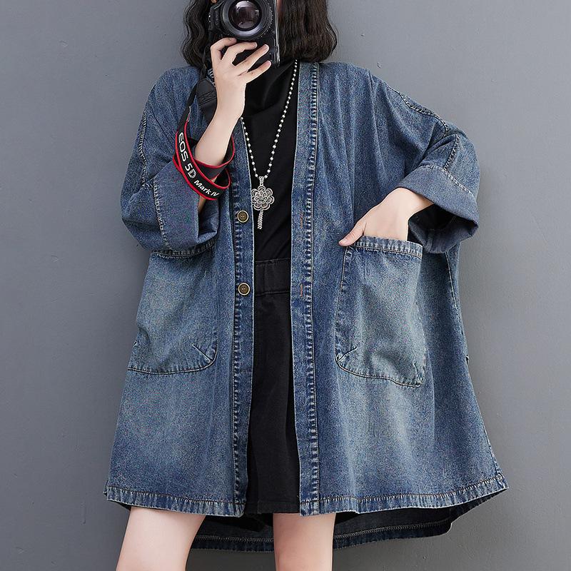 Retro V-neck Pocket Denim Jacket Women Fall Loose Version of The Medium-length Windbreaker Plus Size