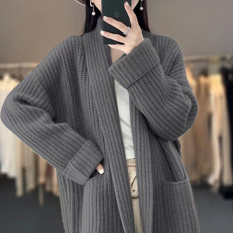 Autumn and Winter Korean Version Medium Long V-neck Sweater Women's Coat Slimming Lazy Style Knitted Cardigan