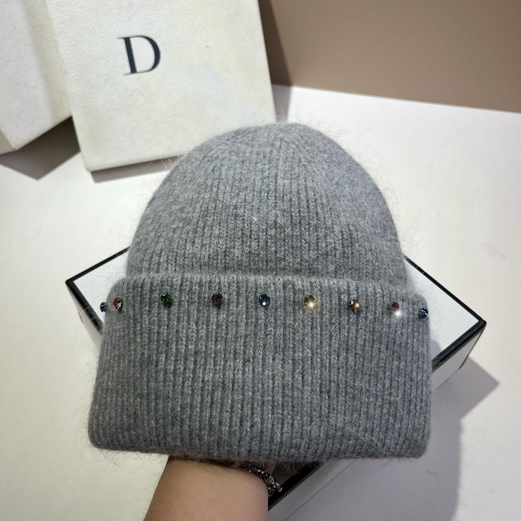 Russian Winter Warm Rabbit Hair Knitted Hat Celebrity Light Luxury Small Diamond Double Fold Wool Hat Women'S Outdoor Windproof
