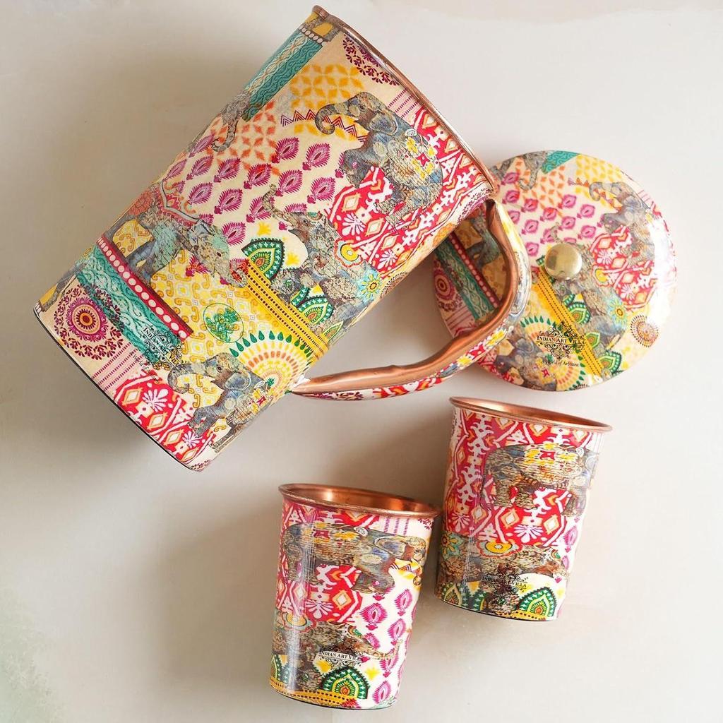 Meena Padharo Mhare Desh Theme Copper Gift Set of 1 Jug & 2 Glass - Perfect for Home, Office, and Gifting, Jug-1.5 Litre & Glass-270 ML Each