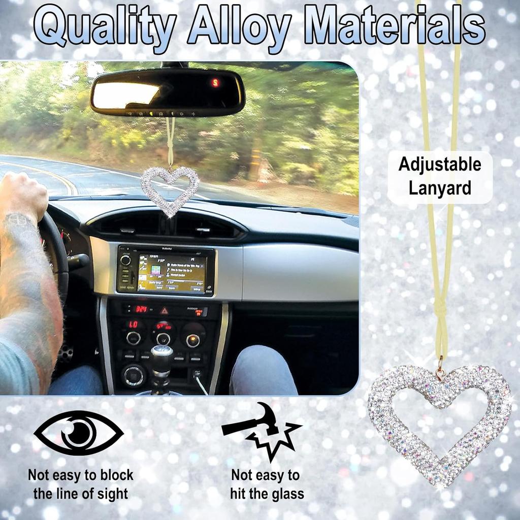Bling Heart Car Hanging Accessories, Bling Rear View Mirror Accessories, Universal Bling Heart Diamond Car Accessories for Cars, Trucks, SUVs
