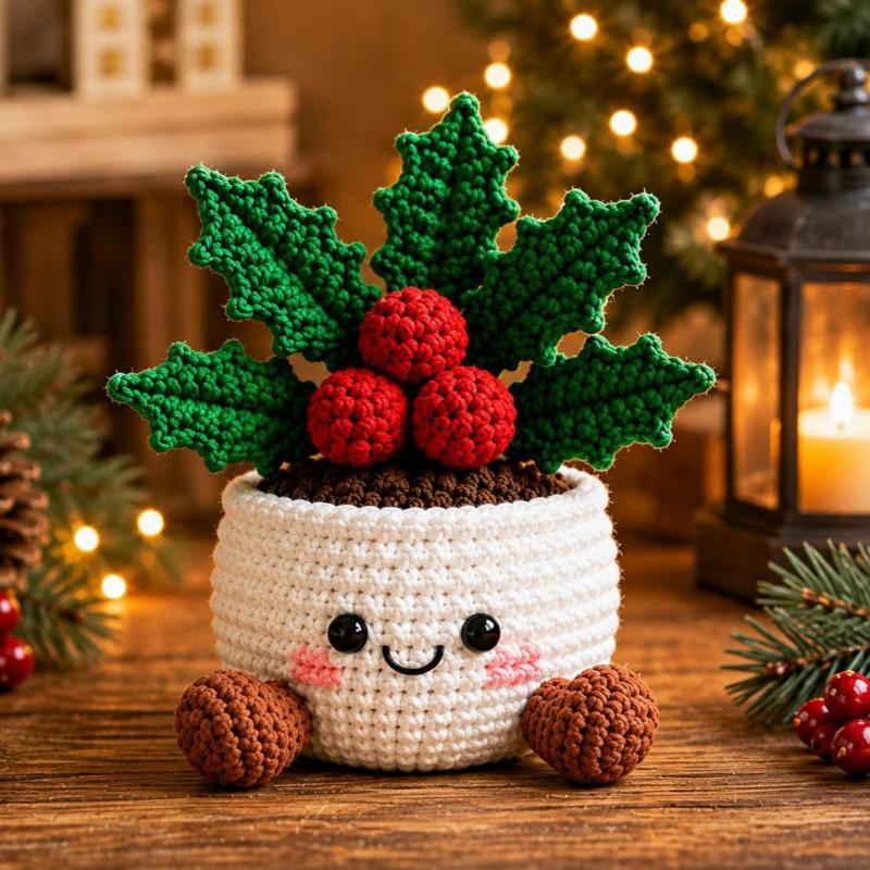 Handmade Crochet Christmas Decorative Plant Pot With Smiling Face - Festive Indoor Desk Ornament Holiday Home Office