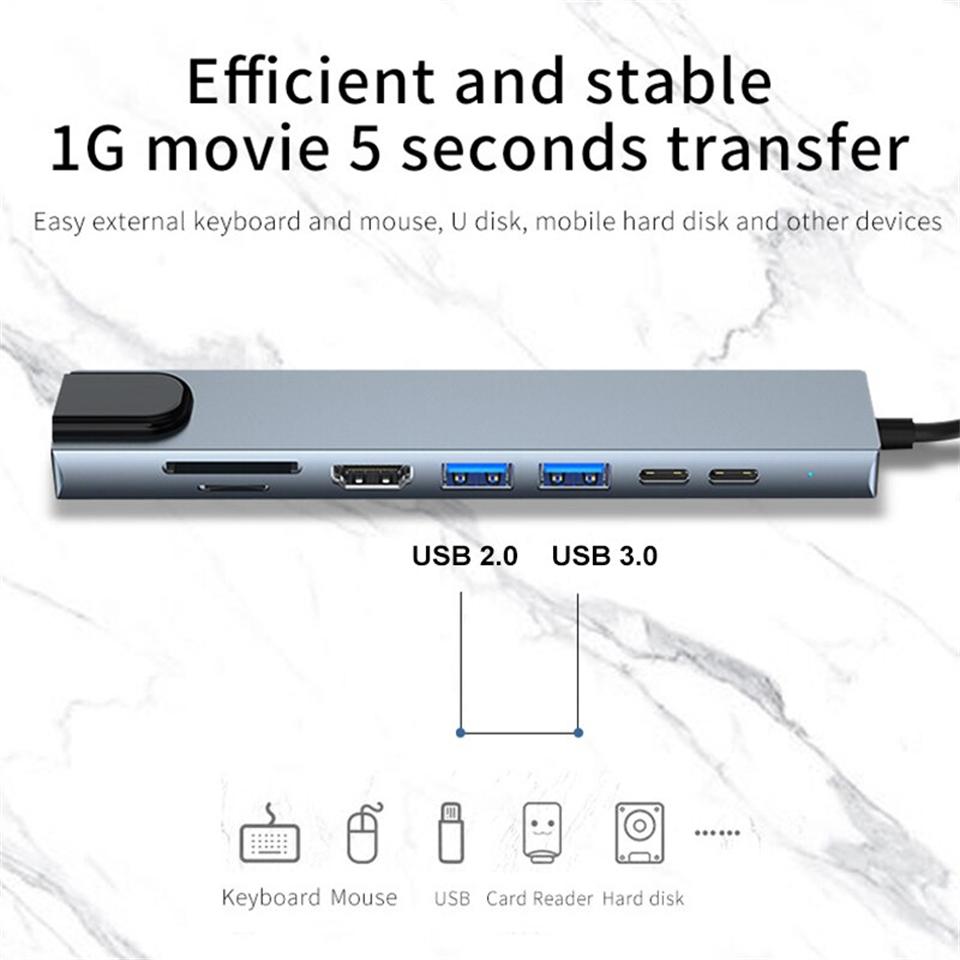 8-in-1 USB-C Hub Typ C Erweiterung HDMI-kompatibler Adapter Laptop-Konverter mit RJ45 SD-Kartenleser PD Schnelllader für Macbook