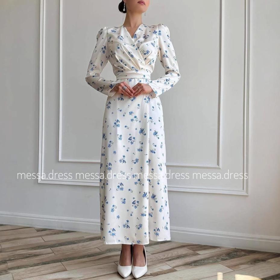 2025 Autumn European & American Elegant Floral Slim Waist-Cinching Long Dress Medium