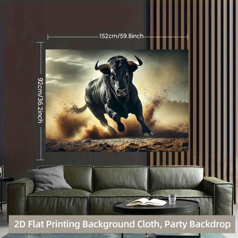 2D Flat Charging Black Bull Dust Storm Action Tapestry Wall Hanging For Living Room Bedroomdecor Wild Animal Power Art Printhome
