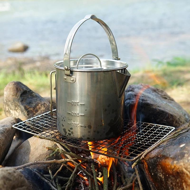 Outdoor Stainless Steel Kettle Folding Camping Hanging Pot Portable Coffee Pot Teapot Picnic Stove 1.2L