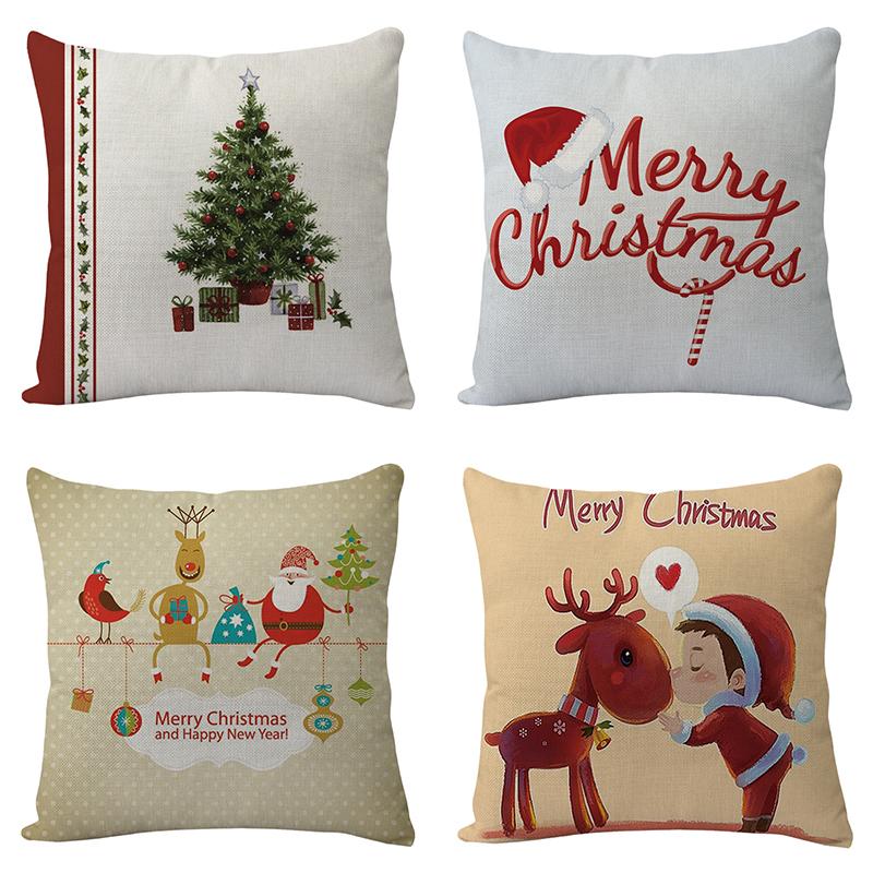 45CM Christmas Cushion Cover Santa Claus Elk Printed Sofa Pillow Case Merry Christmas Ornaments Xmas New Year Home Decoration