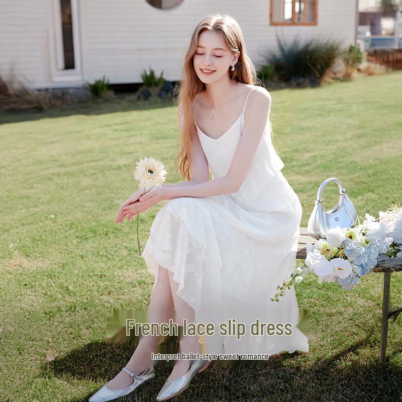 Women's French Style Ruffle Lace V-Neck Spaghetti Strap Dress