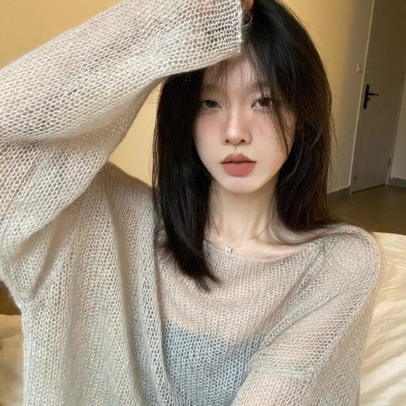 Korean Style Lazy Fashion Knitwear Women's Thin Hollow Out Designed Sweet and Spicy Retro Round Neck Cardigan