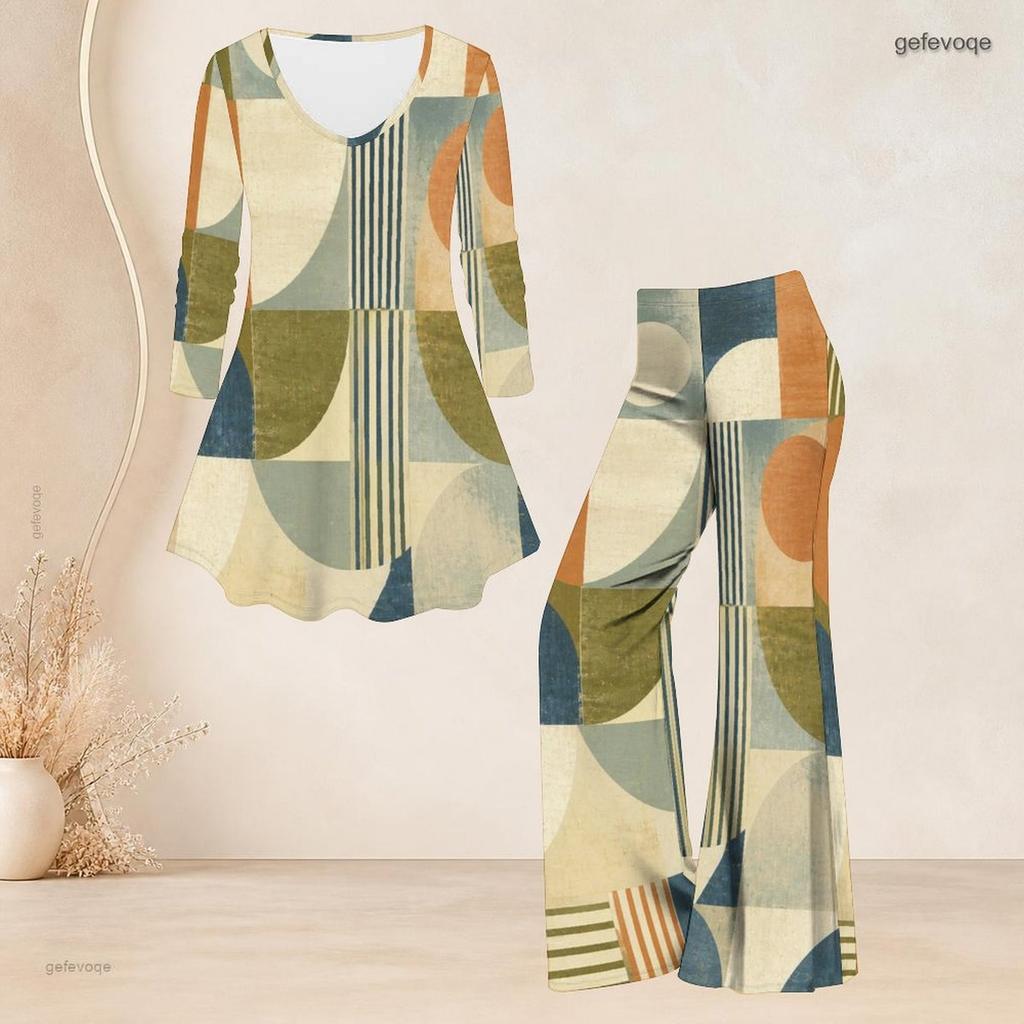 Women Plus Size Round Neck Three Quarter Sleeve Printed Flared Top And Flared Pants Two Piece Set