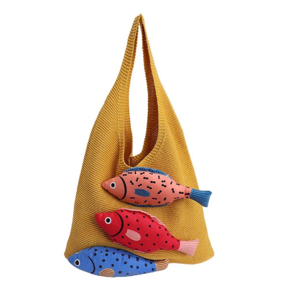 Crochet Weave Knitted Bag Cotton Beach Bag Fashion Fish Shoulder Bag  Women жёлтый