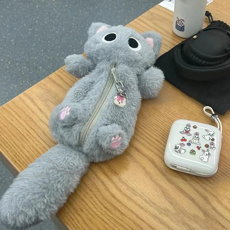 1Pc Large Capacity Cartoon Doll Cat Pencil Bag Siamese Cat Plush Pencil Case Stuffed Animal Pen Storage Bag Stationery Bag