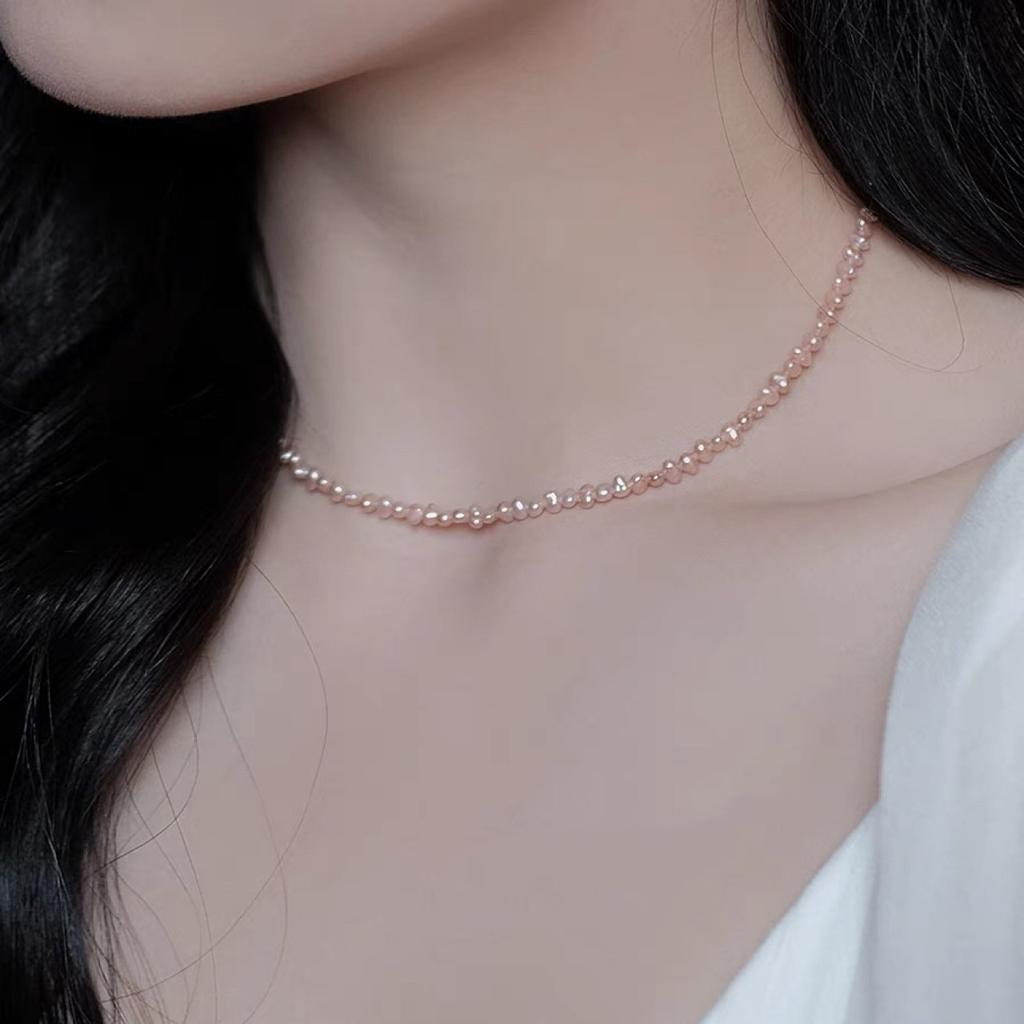 Pink Purple Crushed Silver Natural Baroque 3-4mm Extremely Small Pearl Necklace Necklace Necklace for Women