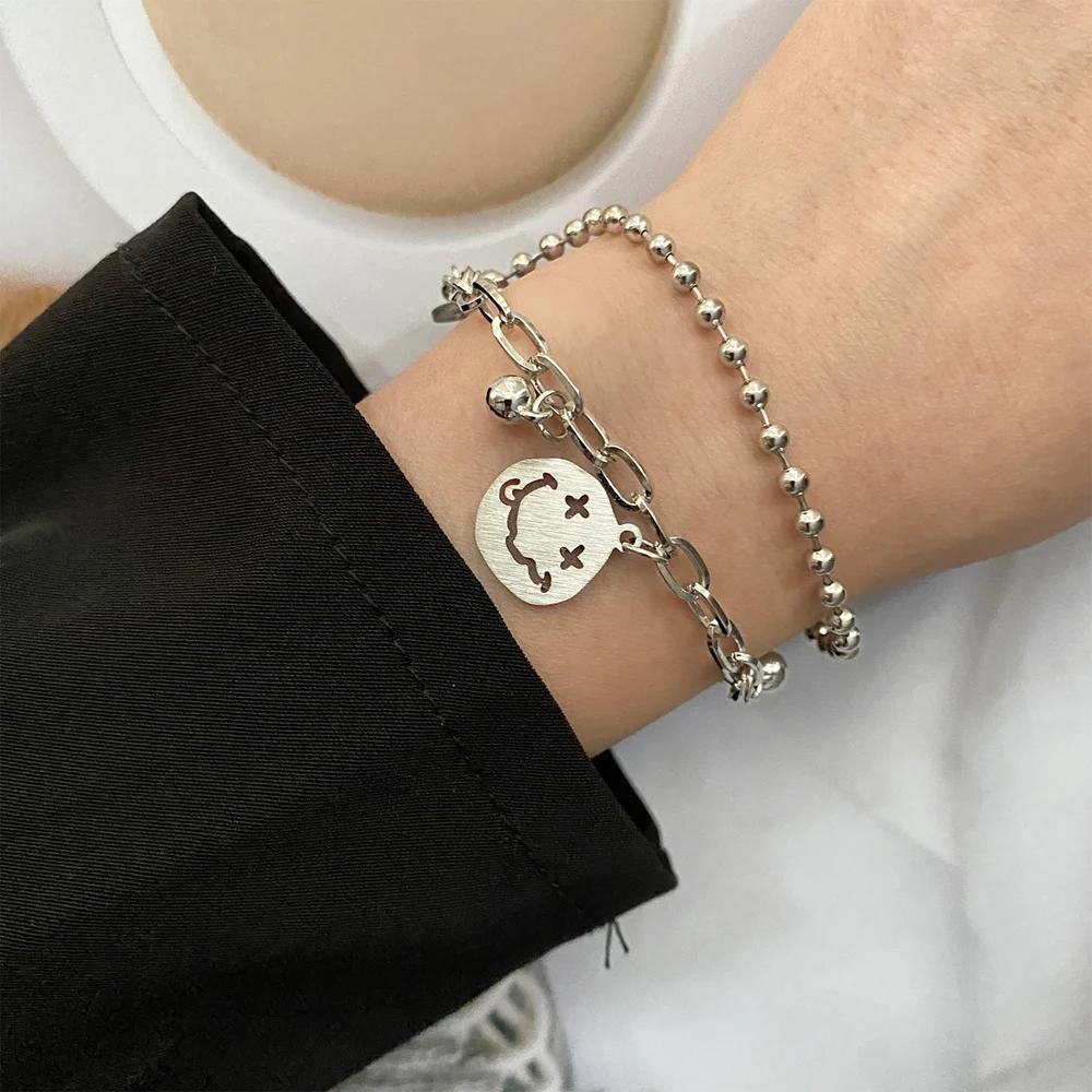 Punk Golden Metal Thick Chain Bracelets for Women Men Pentagram Heart Beads Pendant Charm Bracelet Set Fashion Jewelry