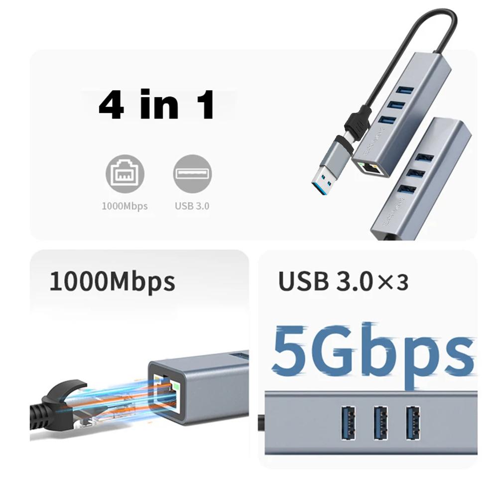 USB 3.0 Type C HUB 1000Mbps Ethernet Adapter USB 3.0 Network Card to RJ45 Lan Hub for MacBook Laptop Computer