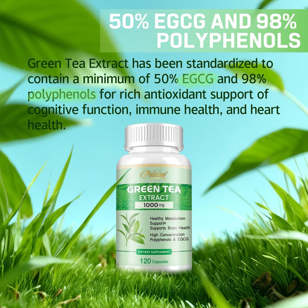 Green tea extract capsules, 1000 mg, containing EGCG and polyphenols, antioxidant, suitable for both men and women.