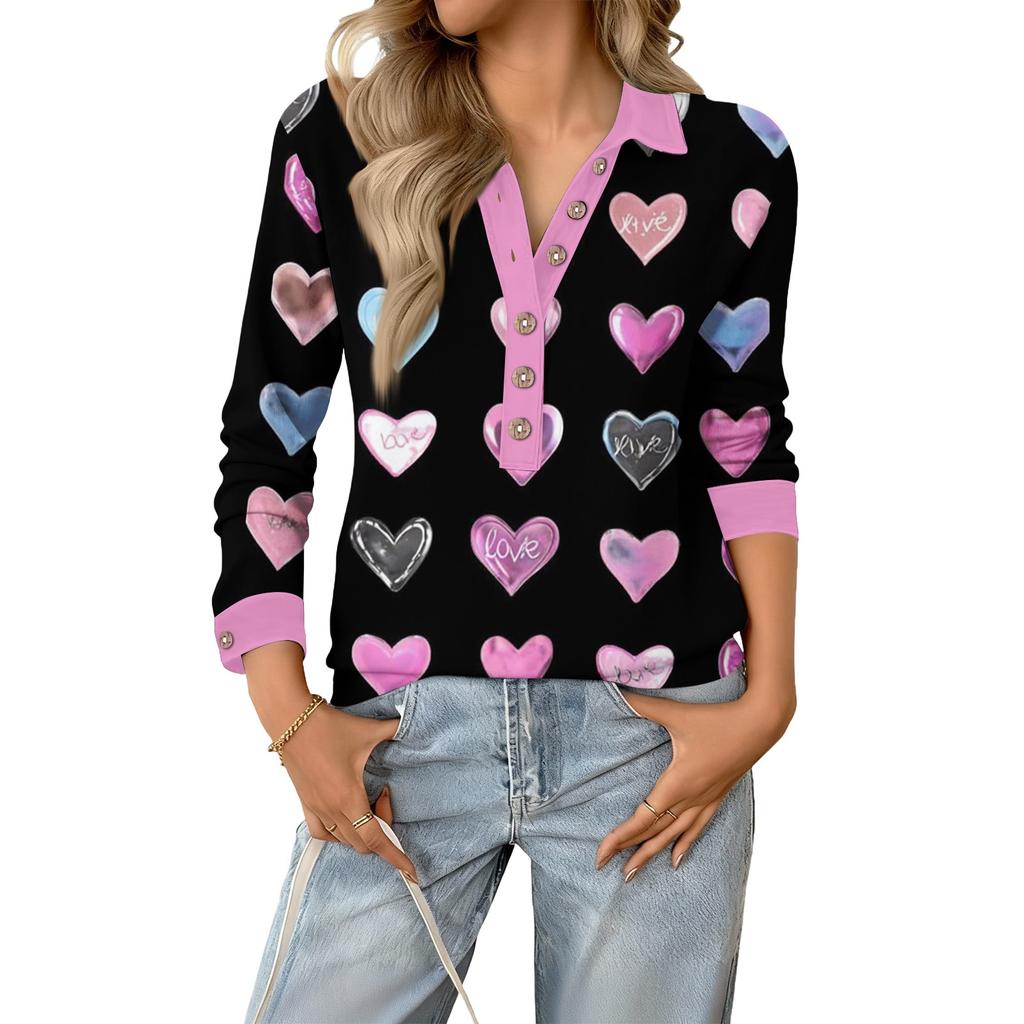 Damen Retro Street Lässiger V-Ausschnitt Langarm Knopf Valentinstag Herz Pullover Top