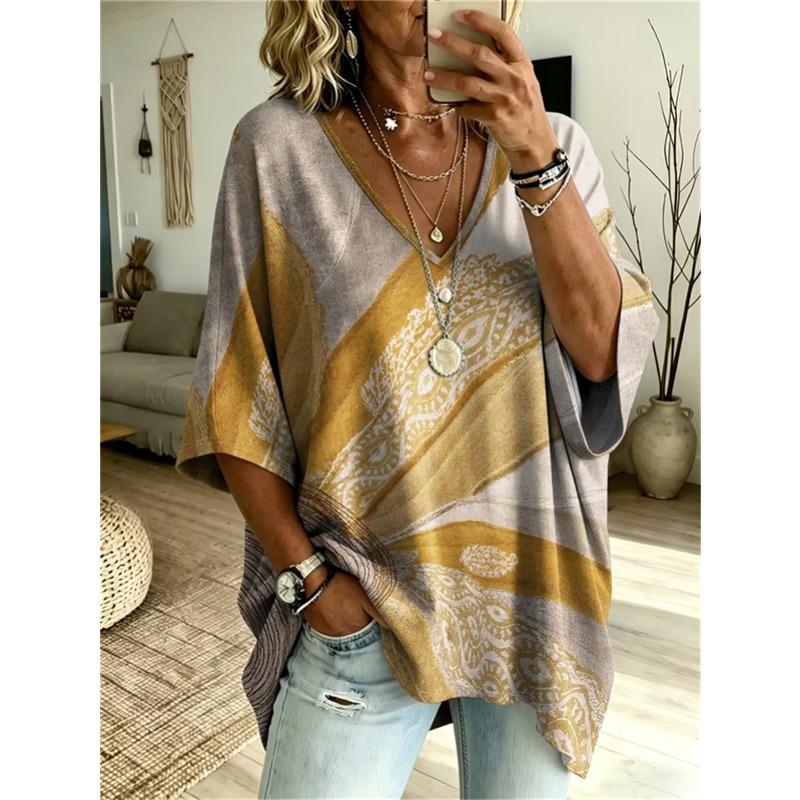 T-shirt da Donna Taglie Forti Scollo a V Maniche a Pipistrello Stampa Etnica Boemia Top Largo Estivo Comodo Traspirante Quotidiano Casual Stile Modellante
