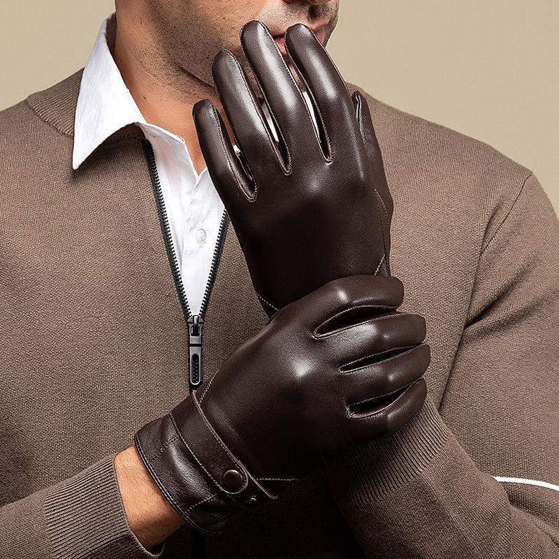 100% Genuine Leather Gloves Men Thick Warm Driving Cycling Touch Screen Guantes Invierno Top Layer Sheepskin Full Finger Gloves