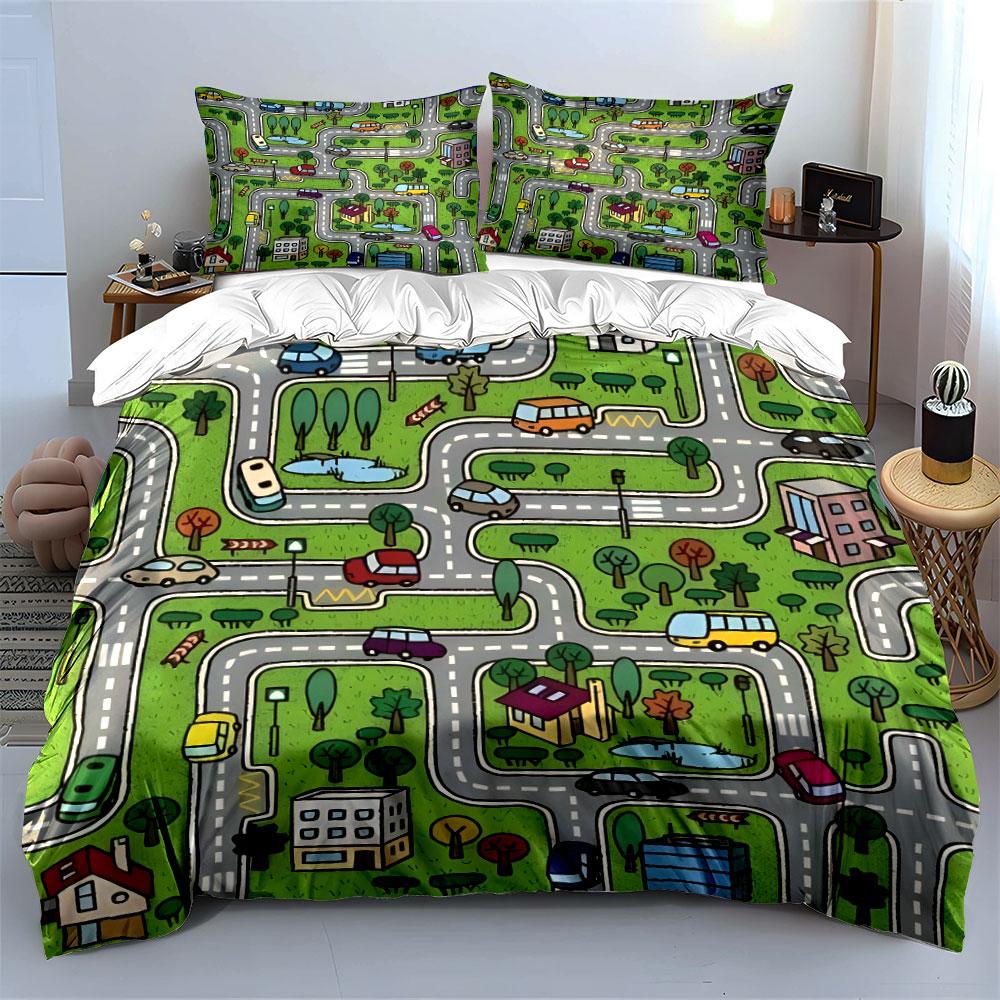 Complex Roads With Vehicles Bedding Set For Kids Luxury Gift 3Pcs Digital Print Comforter Set Soft Comfortable Breathable