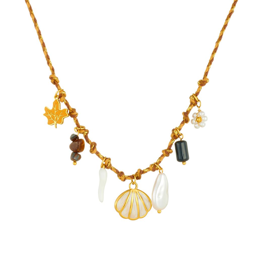 316L Stainless Steel Novelty Design Maple Leaf Pearl Flower Shell Pendant Necklace Women Advanced Texture Neck Chain