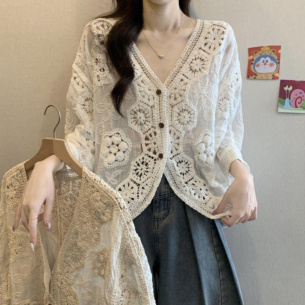 Bohemian Crochet Lace V-Neck Plus Size Sun Protection Cardigan for Women