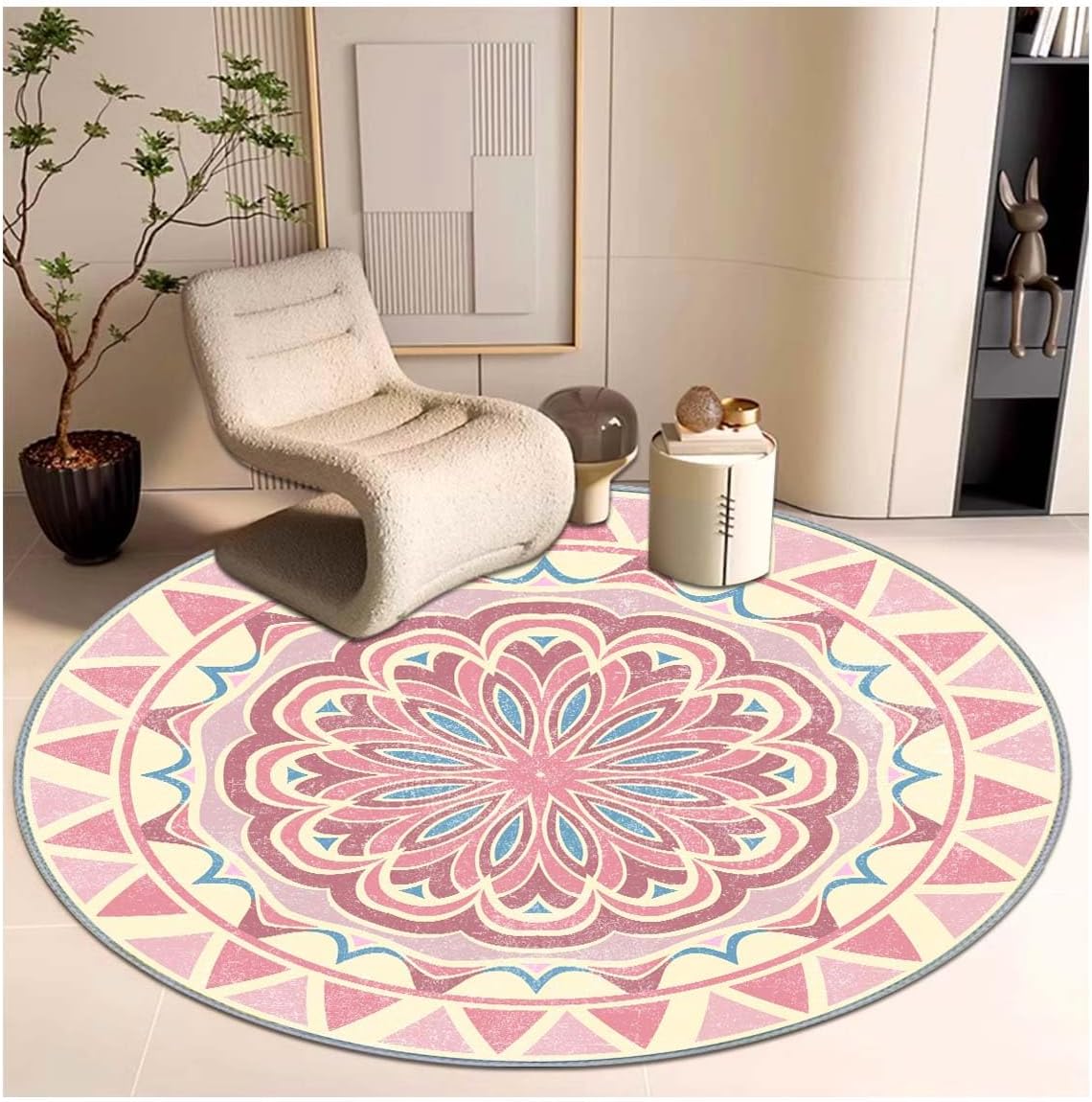 Pink and Blue Mandala Round Rug Delicate Floral Center for Feminine Modern Interior 60cmx60cm
