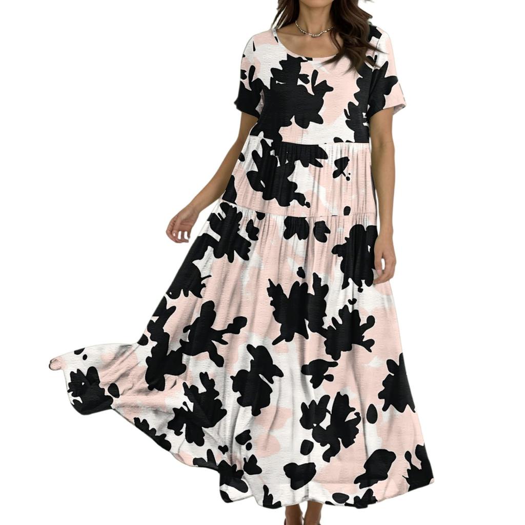 Dámské ležérní volné bohémské šaty s květinovým potiskem a krátkým rukávem