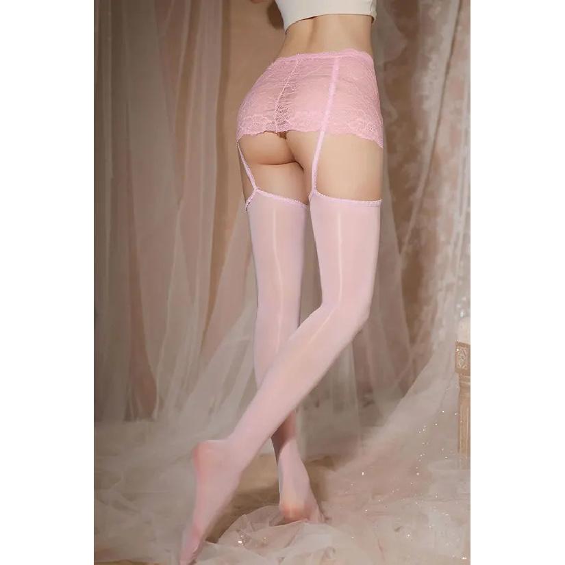 Fine Tights Lace Hollow Women Stockings Garter Belt Oil Body Socks Sexy Lingerie See Through Private Zone Open Crotch Pantyhose