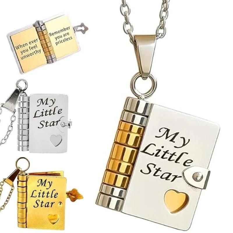 Openable Daughter Book Necklace Stainless Steel Gold Color Message Mini Book Pendant Necklace with Pages of Engraved Information