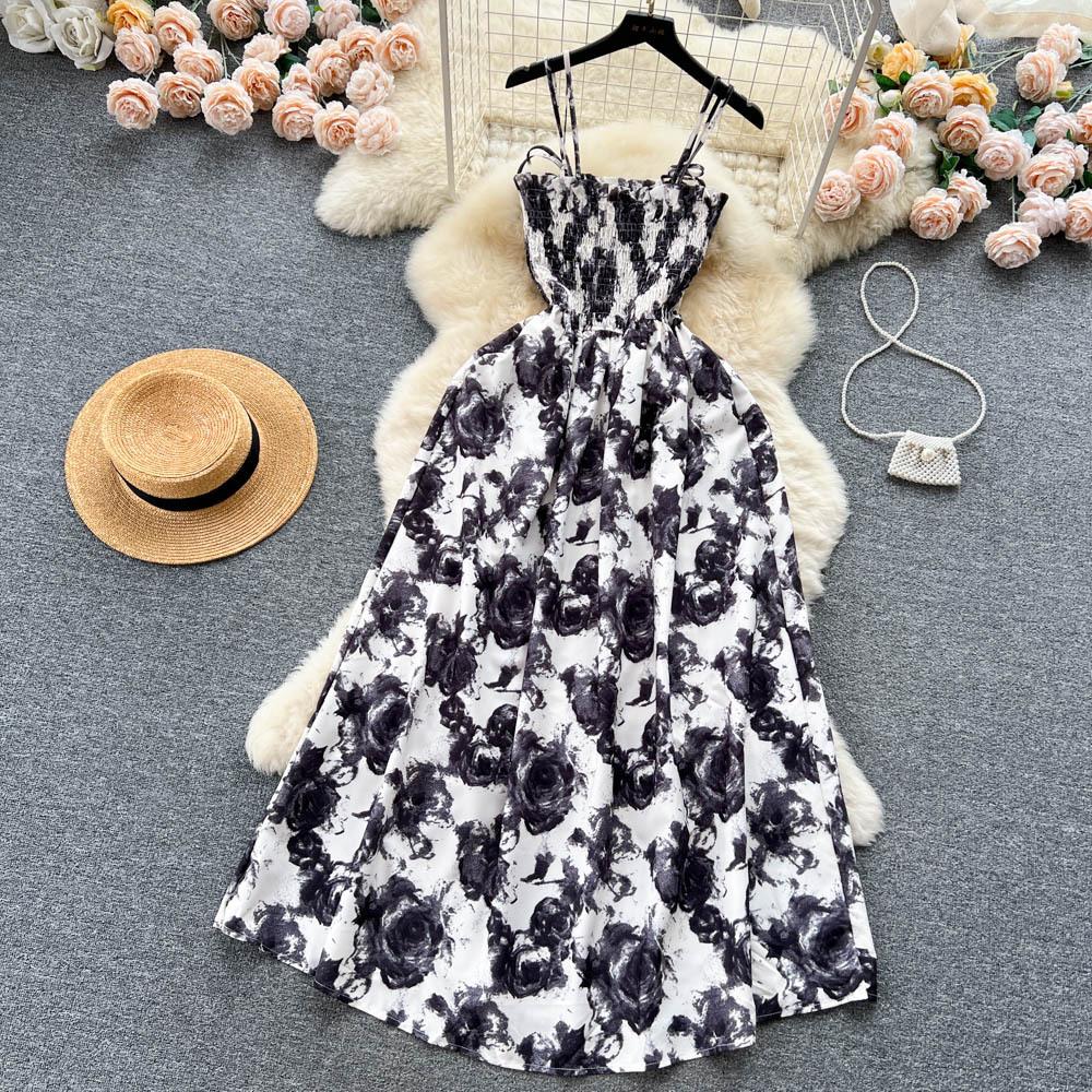 Koreansk stil for kvinner Rose Blomstertrykk Retro Festkjole Sommer Elastisk Høy midje Ferie Lang kjole Strand Vestido