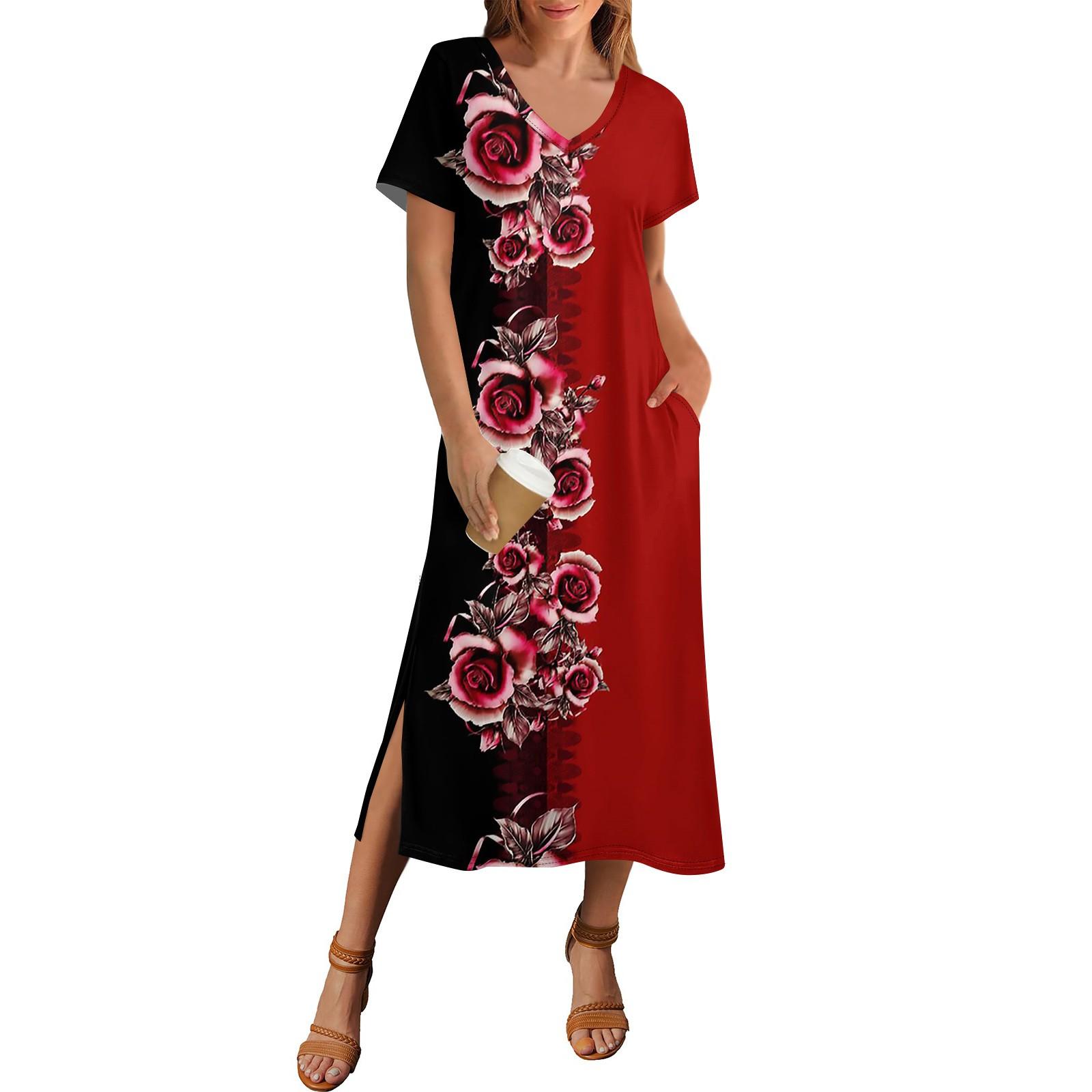 

Женское летнее платье с принтом в горошек, пляжное платье с коротким рукавом и карманом, повседневное платье с V-образным вырезом и боковыми разрезами M красный