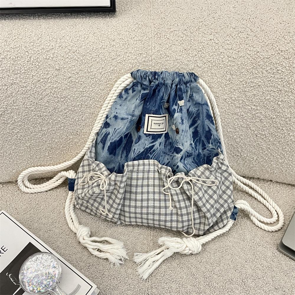 Korean Style Plaid Patchwork Large Capacity Lightweight Student Commute Backpack синий