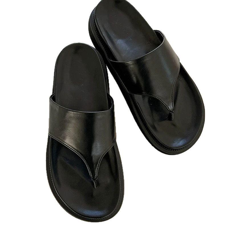 Cowhide version~ Korean version of round head thick bottom pinch foot flip-flops women's outer wear 2025 new summer height-increasing cool slippers