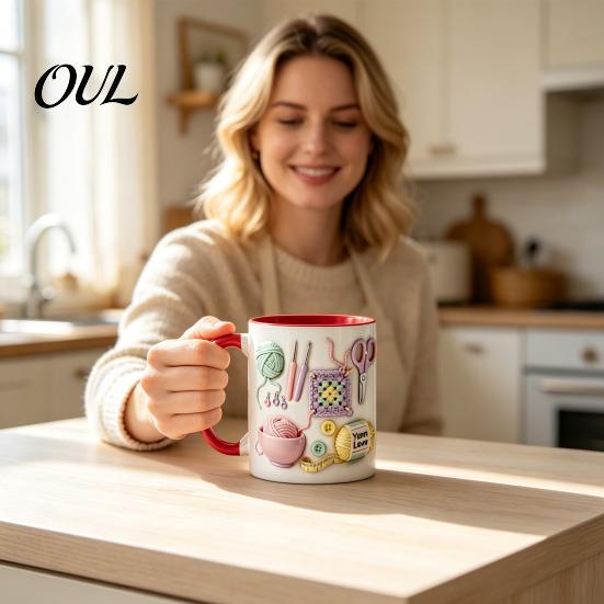Taza de Cerámica Apta para Lavavajillas, con Diseño de Patrón de Tejido 3D, Gran Capacidad, Práctica para Microondas, Taza de Café Duradera, Taza de Té, para Amantes de las Manualidades